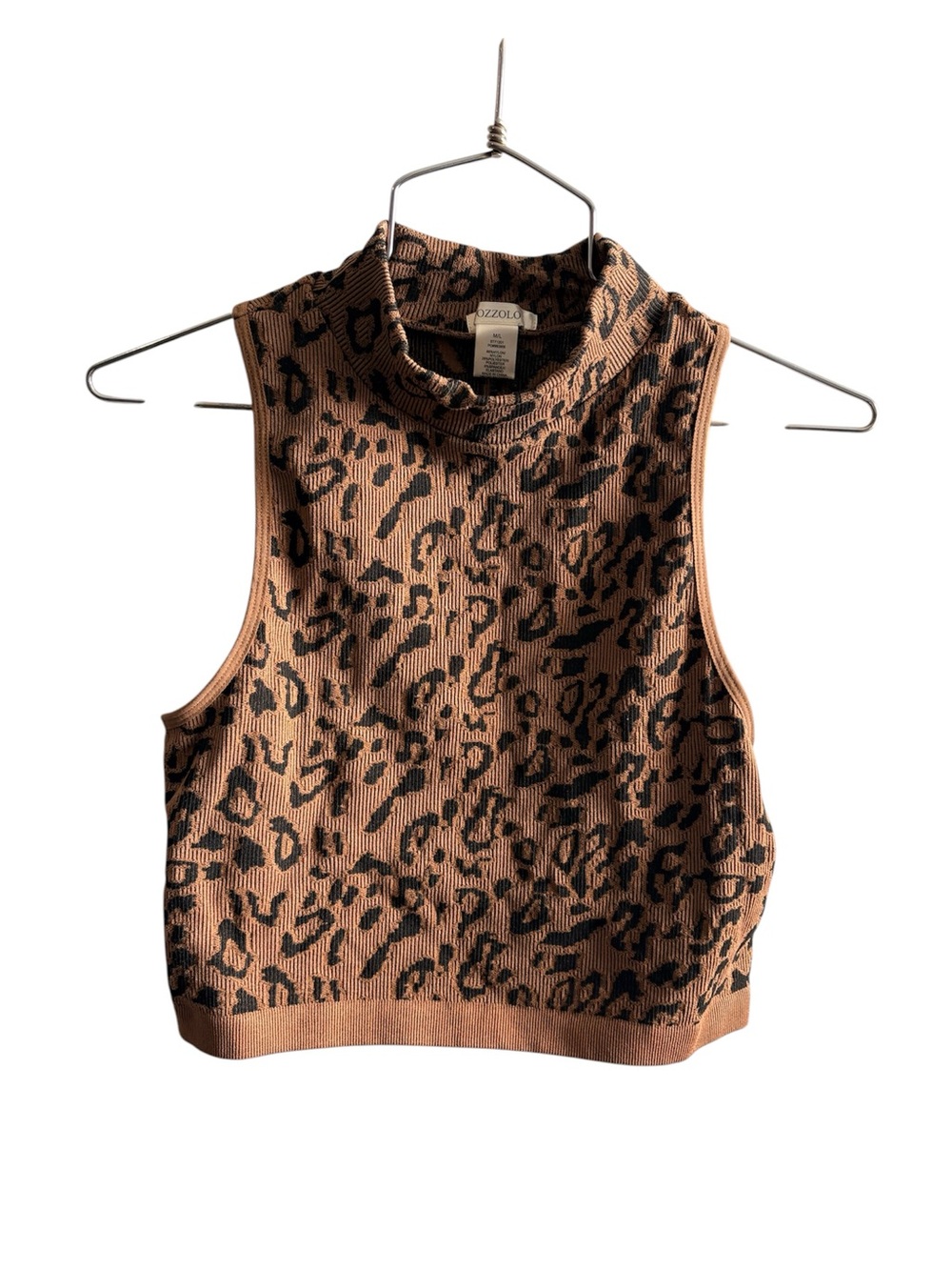 Bozzolo Tan and Black Leopard Print Mock Neck Crop Top